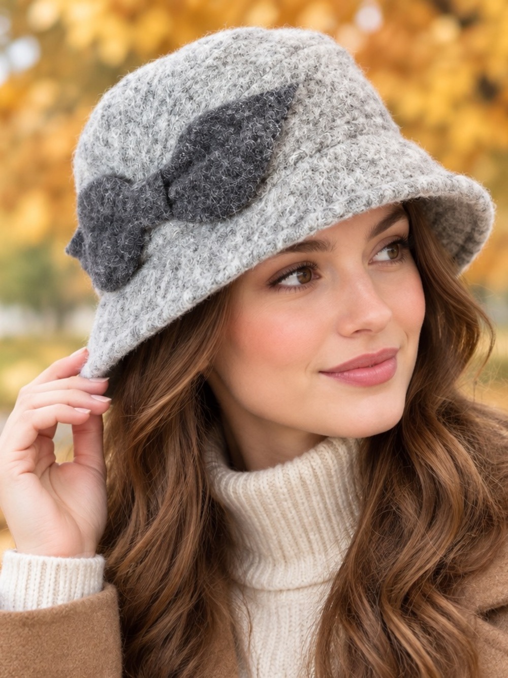 Creativa Women’s Gray Wool-Blend Bucket Hat with Dark Gray Bow
